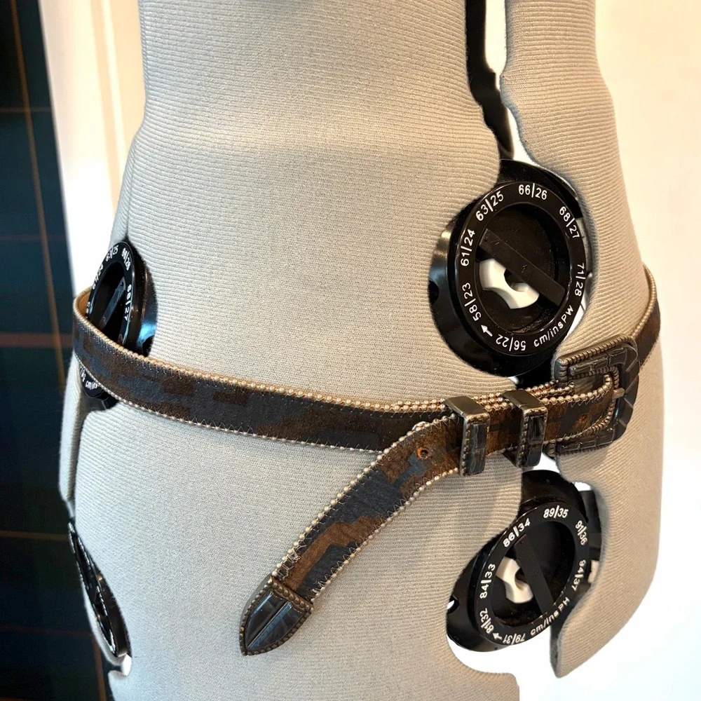 Jenny & the Boys VTG leather/fabric belt, carved stone buckle, silver bead,32-36